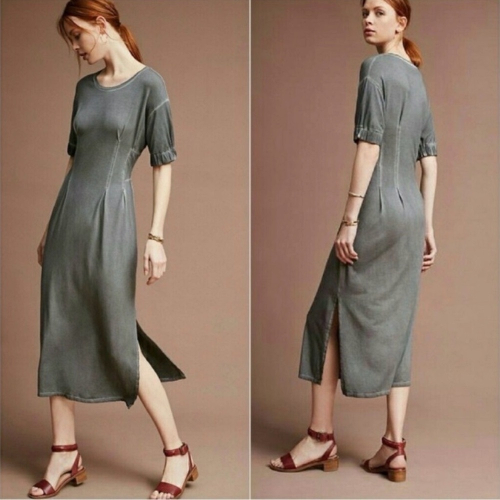 Holding Horses Anthropologie Midi Dress Womens Medium Petite Gray Boho Tencel